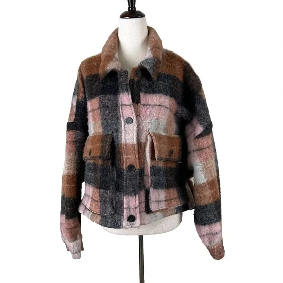 Zara Plaid Wool Blend Cropped Shacket - Picture 1 of 9